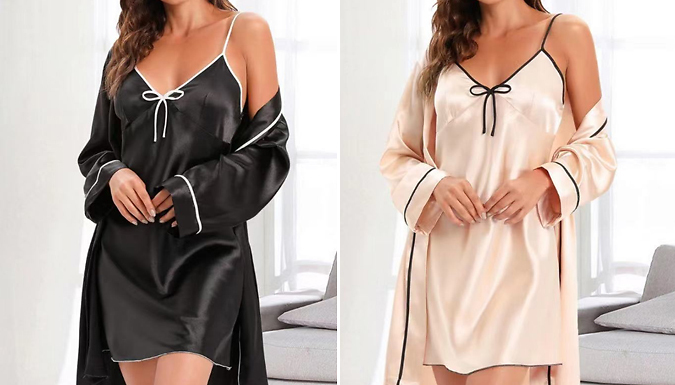 Satin Pyjamas Slip Dress and Robe Set - 4 Colours & 3 Sizes at Discount Experts
