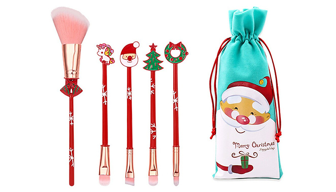 5-Piece Christmas Makeup Brush Gift Set With Bag - 2 Colours from Discount Experts
