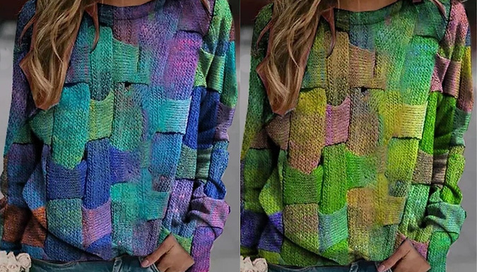 Women's Patchwork Round-Neck Jumper - 5 Colours & Sizes at Discount Experts
