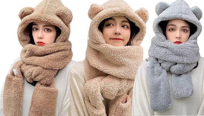 3-in-1 Winter Hooded Hat, Scarf & Gloves - 3 Colours at Discount Experts