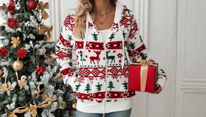 Christmas Print Zip-Up Hoodie - 5 Sizes