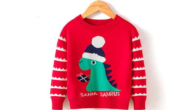 Kid's 'Santa-Saurus' Dinosaur Christmas Jumper - 3 Colours & 5 Sizes from Discount Experts
