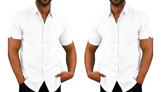 Lapel Collar Short Sleeve Linen Shirt - 4 Colours & 5 Sizes at Discount Experts
