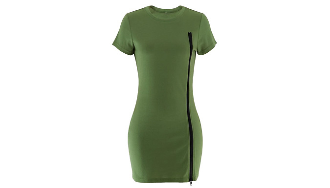Women Sexy Zipper Short Sleeves Mini Dress – 4 Colours & 5 Sizes Deal Price £12.99