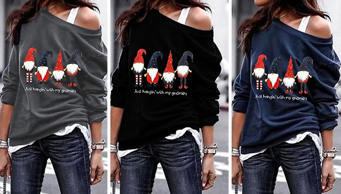 Women's Off-Shoulder Christmas Gonk Sweater - 5 Sizes and 5 Colours from Discount Experts