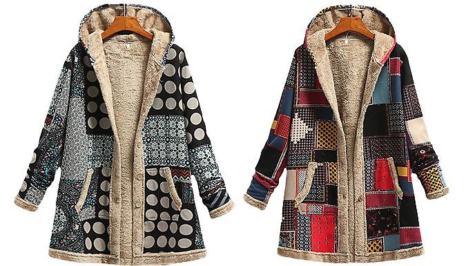 Patchwork Fleece-Lined Boho Hooded Jacket - 3 Colours & 8 Sizes