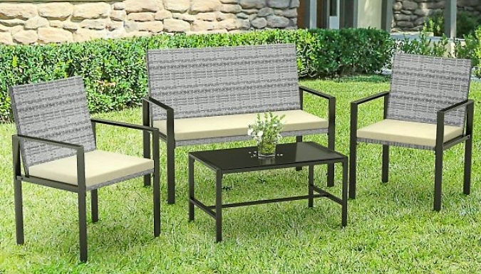 4-Piece Garden Furniture Rattan Chair & Glass Coffee Table Set – 2 Colours 4-Piece Garden Furniture Rattan Chair & Glass Coffee Table Set – 2 Colours