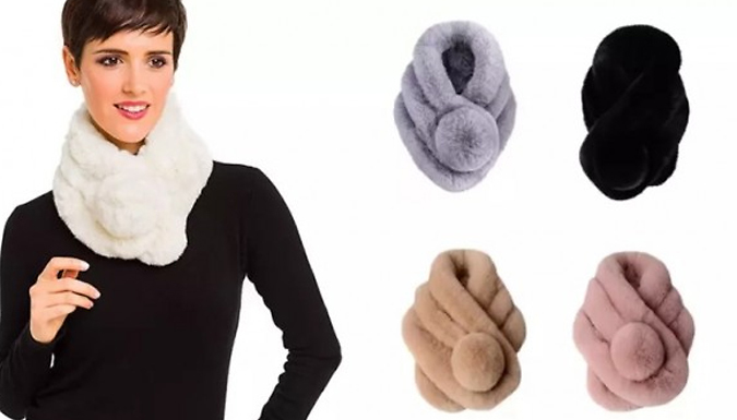 Winter Faux Fur Collar Scarf with Soft Pom – 9 Colours Deal Price £6.99