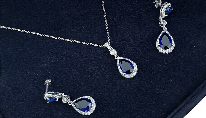 White Gold Finish Simulated Sapphire Drop Earrings and Necklace from Discount Experts