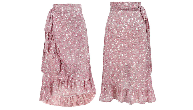 Women's High-Waisted Floral Print Wrap Midi-Skirt - 3 Colours & 4 Sizes at Discount Experts