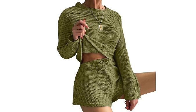 Waffle Knit Long Sleeve Top & Shorts Co-ord - 6 Colours & 5 Sizes at Discount Experts