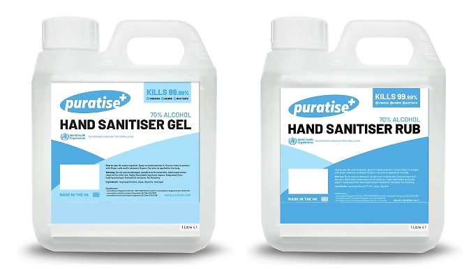 1 or 5-Litre Puratise Hand Sanitiser Rub or Gel - with Optional Pelican Pump. at Discount Experts