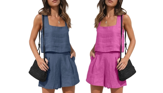 Women's Linen Blend 2-Piece Co-Ord Set - 15 Colours, 5 Sizes. at Discount Experts