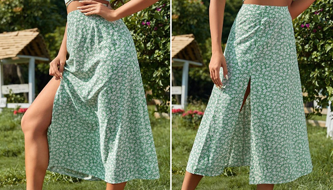 Ditsy Daisy Floral Side Split Midi Skirt - 3 Colours & 6 Sizes at Discount Experts