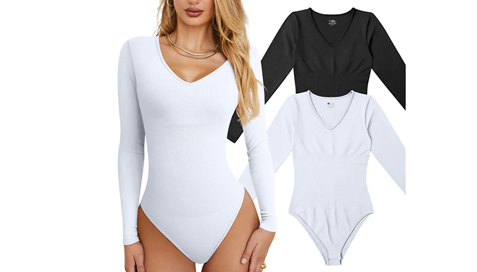 Basic Long Sleeve V-Neck Bodysuit - 5 Colours & 4 Sizes from Discount Experts