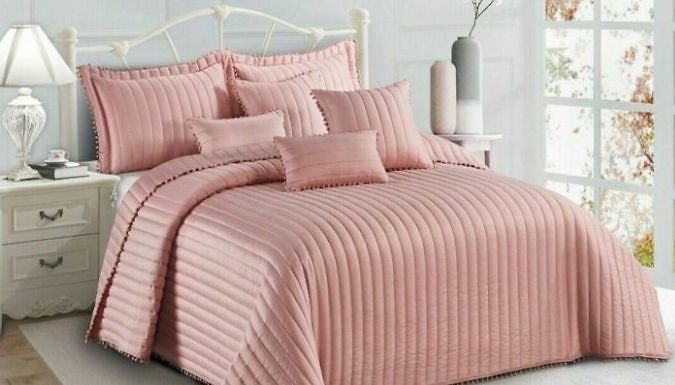 3-Piece Quilted Pom Pom Bedspread & Pillow Sham Set - 8 Colours, 4 Sizes from Discount Experts