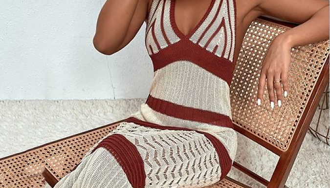 Colour Block Halter Neck Knitted Cover Up - 2 Colours at Discount Experts