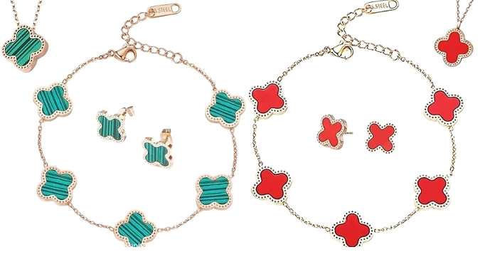 Clover Necklace and Bracelet- Free Earrings. - 4 Colours from Discount Experts
