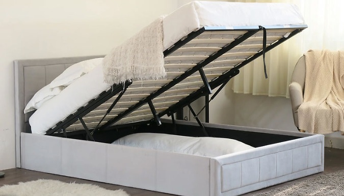 Double Plush Grey Velvet Gas-Lift Bed + Free Headboard at Discount Experts