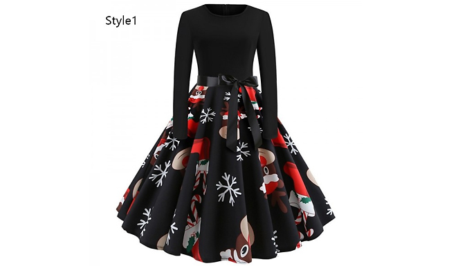 Women Long Sleeve Christmas Print Dress - 4 Designs and 3 Sizes from Discount Experts