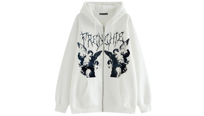 Angel-Print Zip-Up Fleece Hooded Jumper - 3 Colours, 5 Sizes at Discount Experts