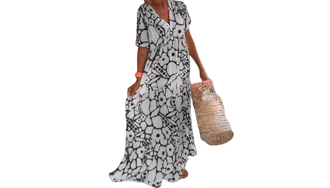 Printed Short Sleeve V Neck Long Dress - 4 Colours & 6 Sizes at Discount Experts