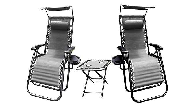 Pair of Zero Gravity Sun Lounger Chairs with Sun Shade & Table – Black or Grey Pair of Zero Gravity Sun Lounger Chairs with Sun Shade & Table – Black or Grey