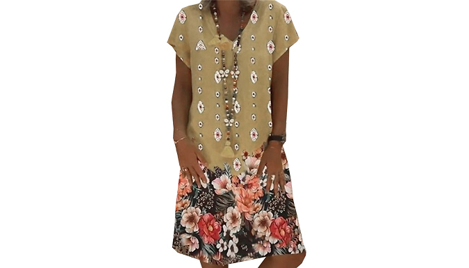 Floral Print Casual Summer V-Neck Dress - 3 Colours & 6 Sizes at Discount Experts