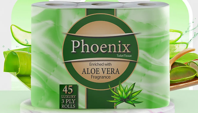 9, 18, 45, or 90 Phoenix Quilted 3 Ply Aloe Vera Fragranced Toilet Rolls from Discount Experts
