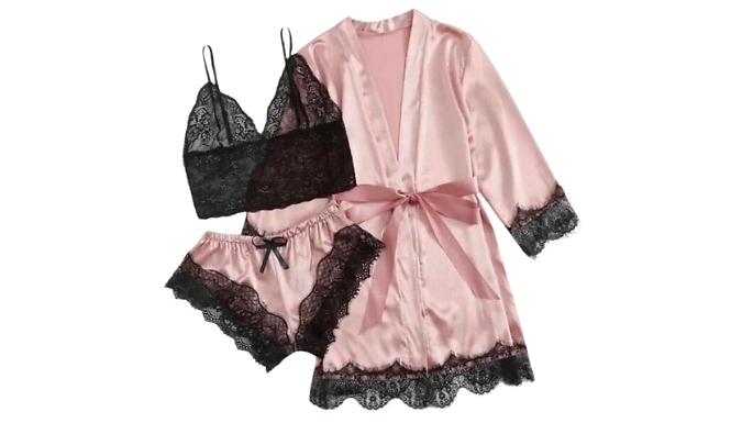 3-Piece Womens Satin Lingerie Pyjamas - 4 Colours, 5 Sizes at Discount Experts