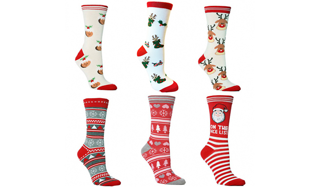 1, 3 or 6 Unisex Cotton Christmas Socks - 6 Designs from Discount Experts