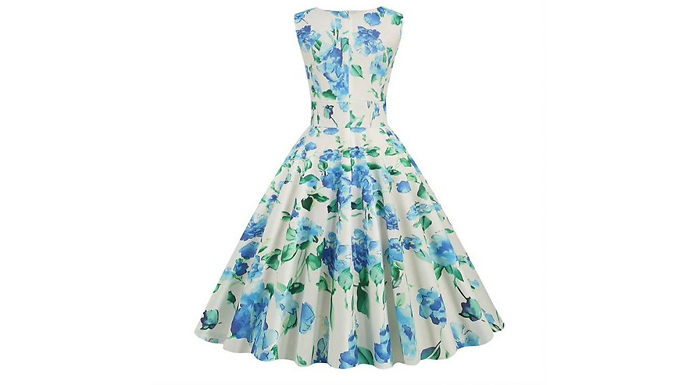 Women's Hepburn Style Floral Print Dress - 8 Colours & 5 Sizes from Discount Experts