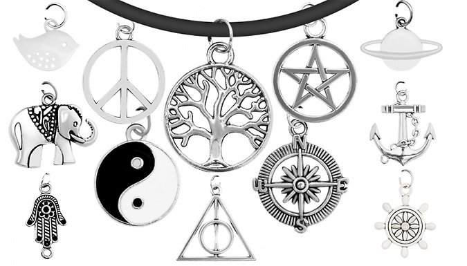 Black Leather Choker Pendant Chain & 11 Charms - 2 Sizes at Discount Experts