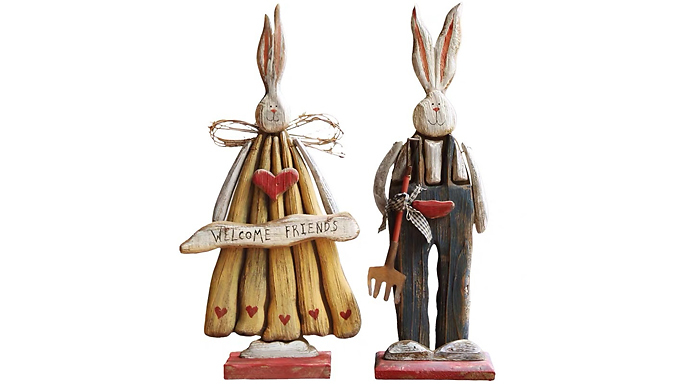 Mr or Mrs Rabbit Wood Look Garden Ornaments - 3 Options from Discount Experts