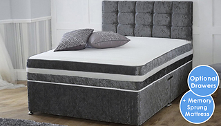 Crushed Velvet Divan Bed with Memory Sprung Mattress - 4 Colours, 6 Sizes &...