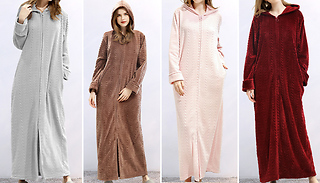 Flannel Knit Long Zippered Bathrobe - 4 Colours & 3 Sizes