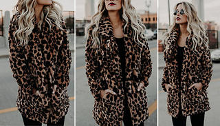 Faux Fur Leopard Print Lapel Collar Coat - 5 Sizes