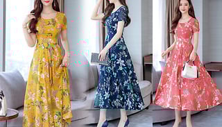 Women's Floral A-Line Midi Dress - 3 Colours & 5 Sizes