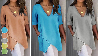 Long Women's Asymmetric V-Neck Top - 5 Colours & 8 Sizes