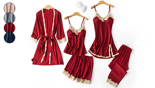 5-Piece Gold Lace Trim Satin Pyjama Set - 4 Colours & 3 Sizes