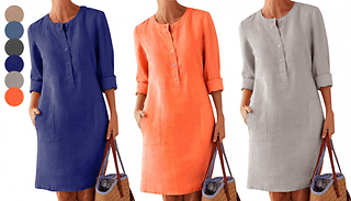 Casual Round Neck Button-Up Shirt Dress - 6 Colours & 6 Sizes
