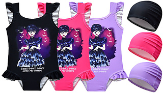 Kids Spooky Girl Ruffle Swimsuit & Cap - 3 Colours & 6 Sizes