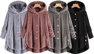 Hooded Button Down Teddy Coat - 4 Colours & 5 Sizes