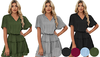 Short Sleeve V-Neck Ruffle Dress - 5 Colours & 4 Sizes