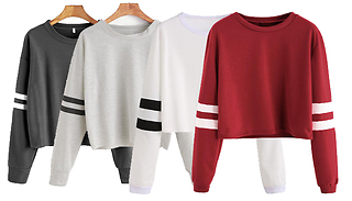 Stripe-Sleeve Cropped Crewneck Jumper - 4 Colours & 4 Sizes