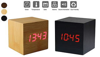 Wooden Cube LED Voice Control Alarm Clock - 3 Designs
