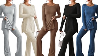 Ribbed Long Sleeve Top & Flares Co-ord Outfit - 5 Colours & 6 Sizes