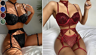 3 Piece Lace Harness Lingerie Set - 5 Colours & 6 Sizes