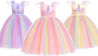 Girls Unicorn Rainbow Princess Dress - 5 Sizes & 3 Colours