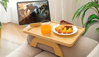 Bamboo Sofa Arm Tray Table with Rotating Mobile Holder